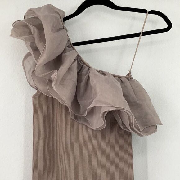 NWT Zara Gray One Shoulder Ruffle Knit Organza Mini Dress Large - Picture 5 of 9